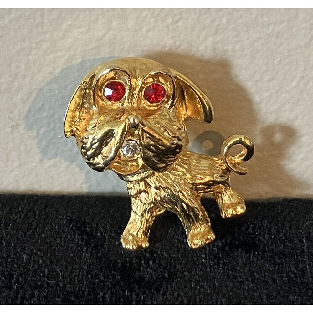 Vintage Puppy Dog Pin Brooch-Gold Tone with Red Stone Eyes & Rhinestone Mouth